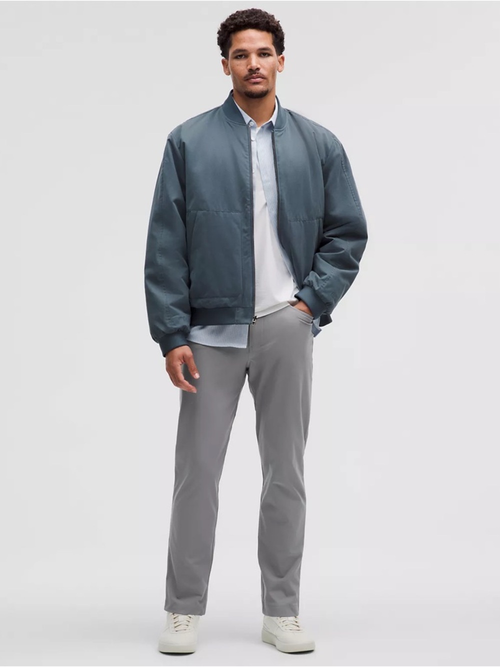 lululemon athletica Men's Slate Blue Bomber Jacket with Gray Chinos
